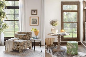 Airy transitional interiors with natural textures: leopard-print chair and botanical accents over subtle geometric rugs