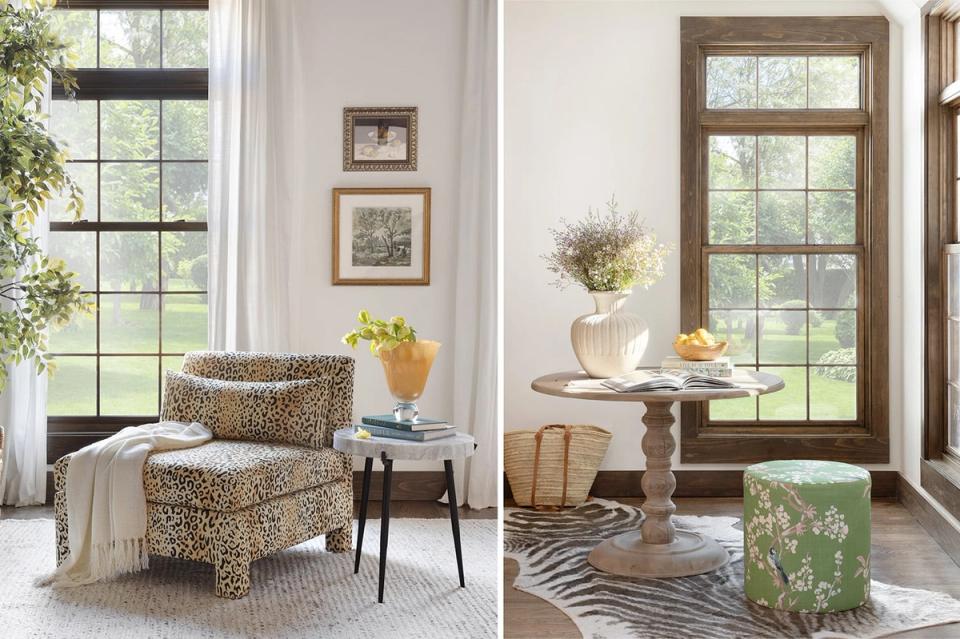 Airy transitional interiors with natural textures: leopard-print chair and botanical accents over subtle geometric rugs