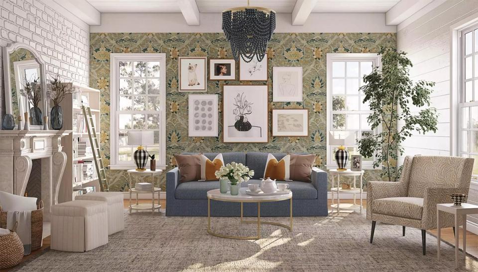 Eclectic Southern living room with olive gallery wall, navy sofa, and layered botanical accents