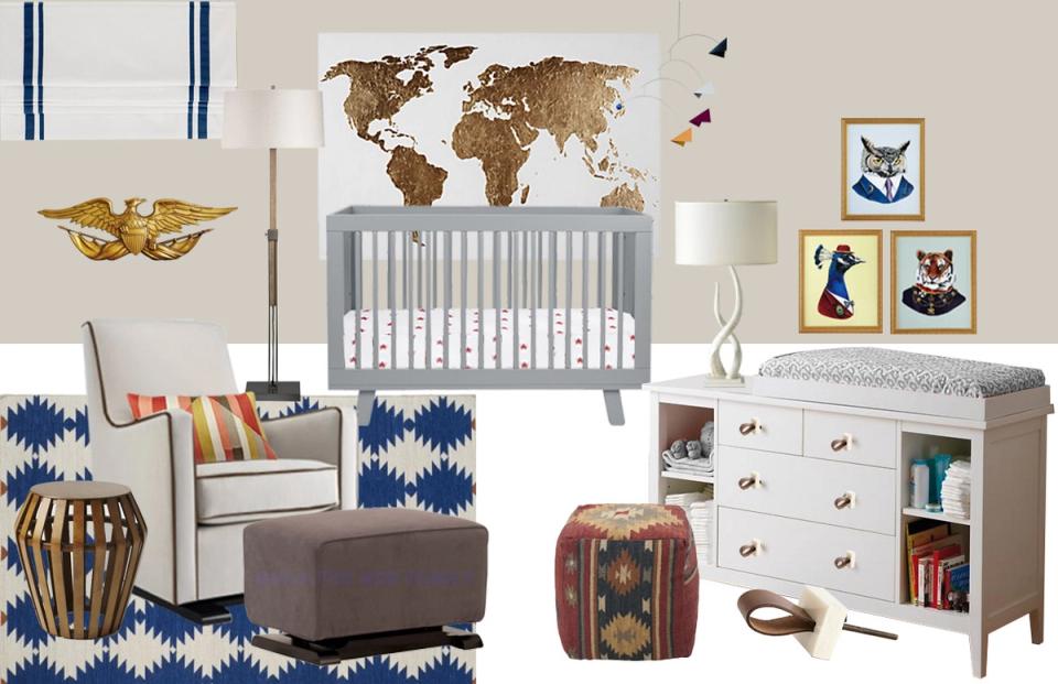 Global-inspired nursery with world map art, navy geometric rug, and vintage-style accessories