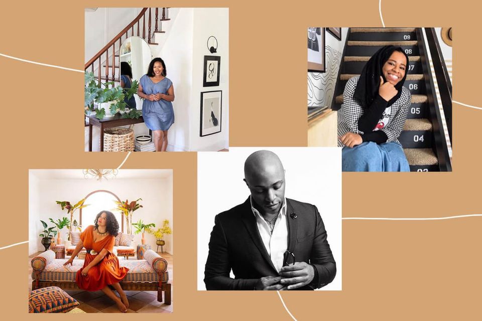 Warm, earthy interior design mood board featuring neutral tones, natural textures, and modern-casual styling across multiple living spaces