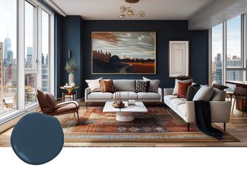 Contemporary urban living room with navy walls, neutral upholstery, terracotta accents, and floor-to-ceiling city views
