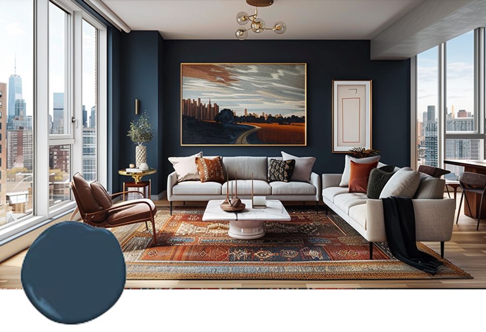 Contemporary urban living room with navy walls, neutral upholstery, terracotta accents, and floor-to-ceiling city views
