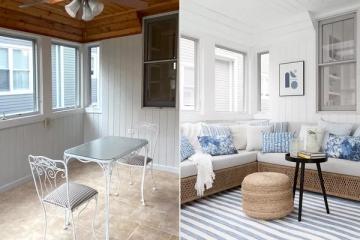 Before and after: transformation from dated wood paneling to serene nautical space with blue and white palette
