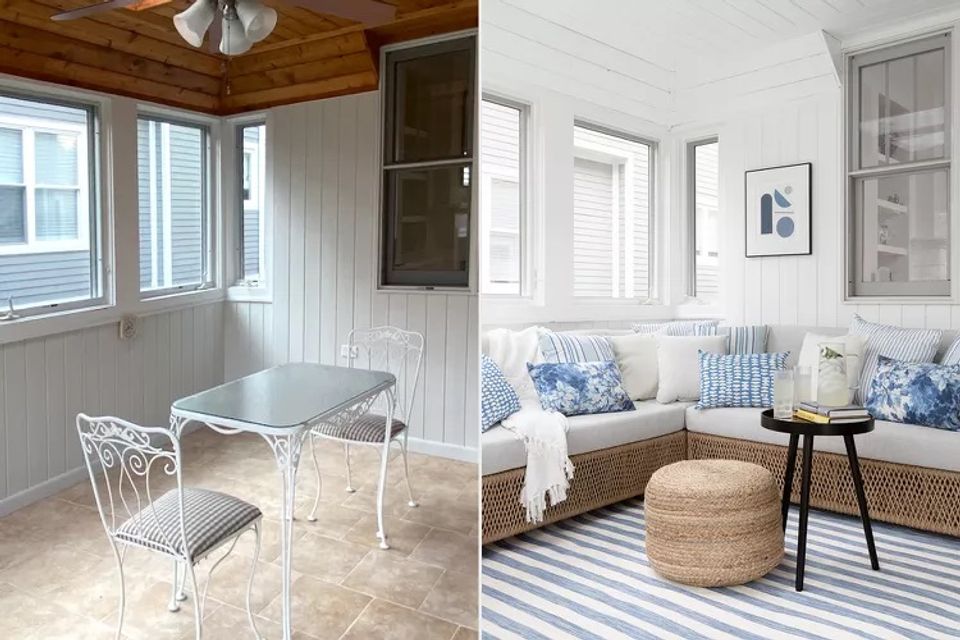 Before and after: transformation from dated wood paneling to serene nautical space with blue and white palette