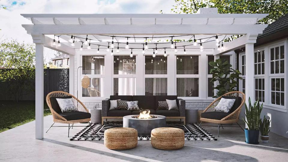 Modern pergola lounge with sleek furnishings, warm lighting, and minimalist design emphasizing clean lines and comfort.