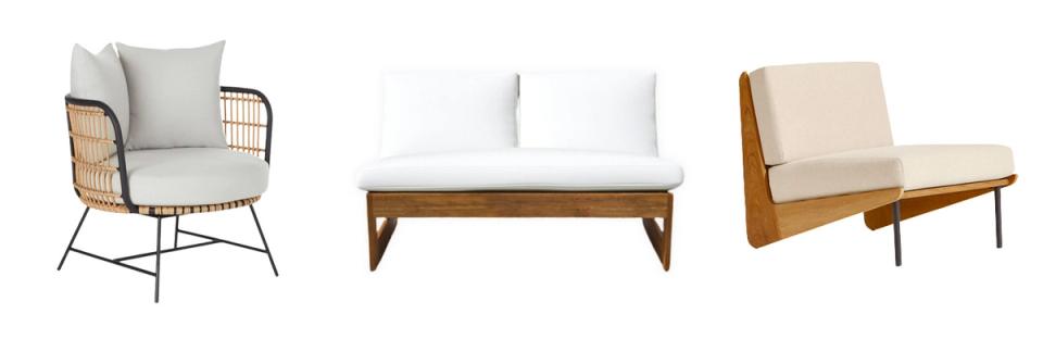 Modern patio furniture collection featuring woven chairs, wooden bench, and minimalist silhouettes