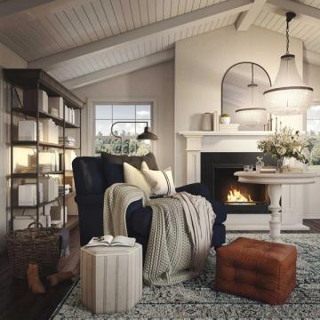 Farmhouse reading corner with black wingback chair, white fireplace, and cozy neutral tones