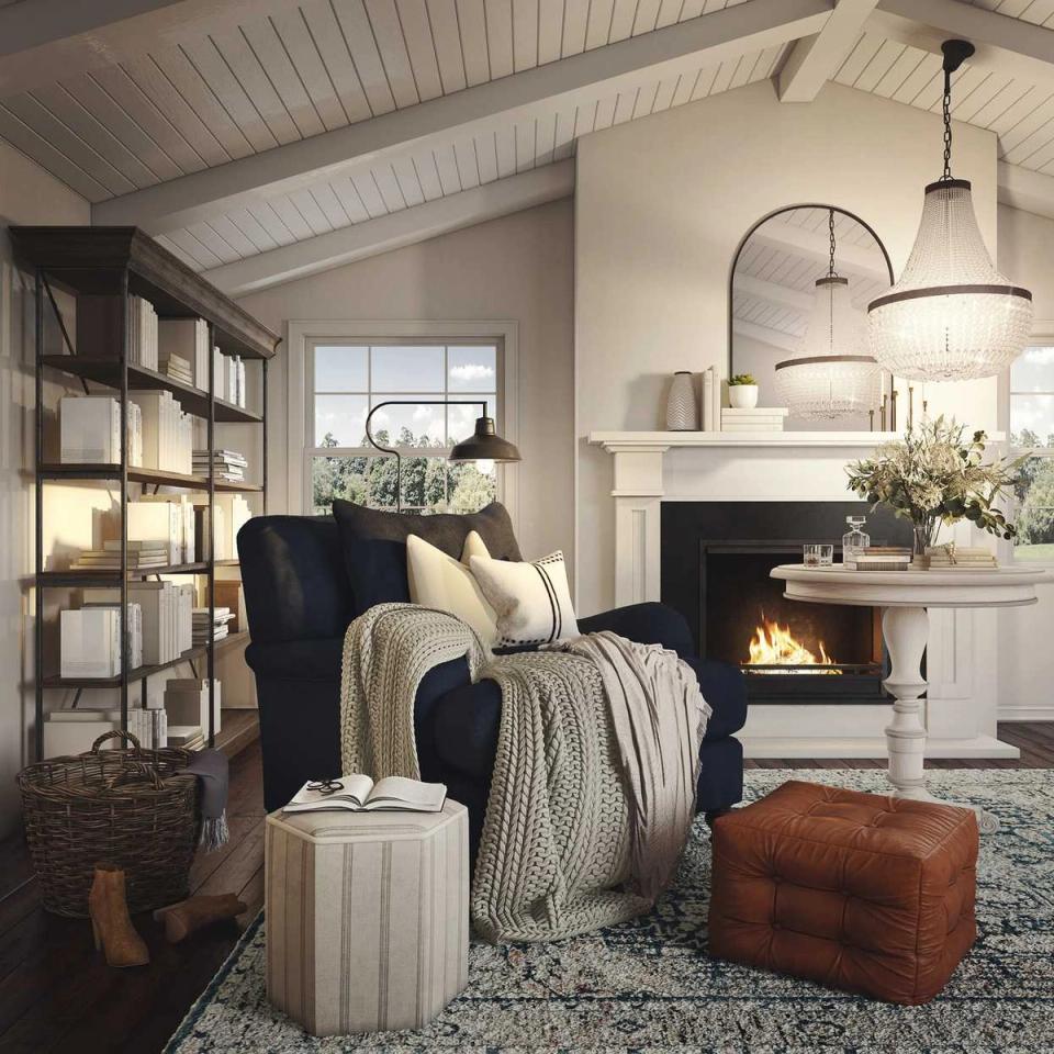 Farmhouse reading corner with black wingback chair, white fireplace, and cozy neutral tones