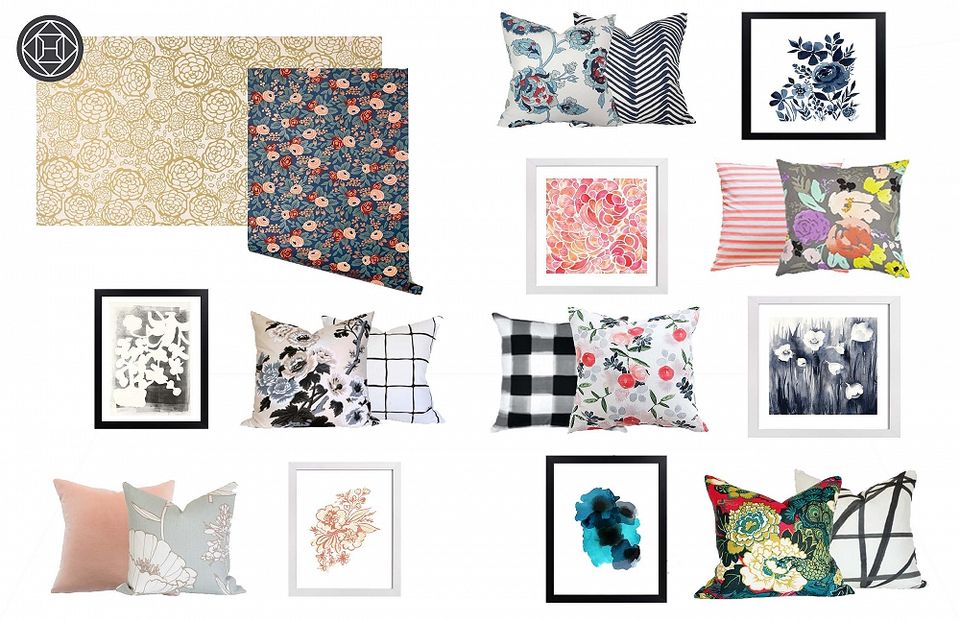 Curated collection of floral and botanical wallpapers, pillows, and artwork samples