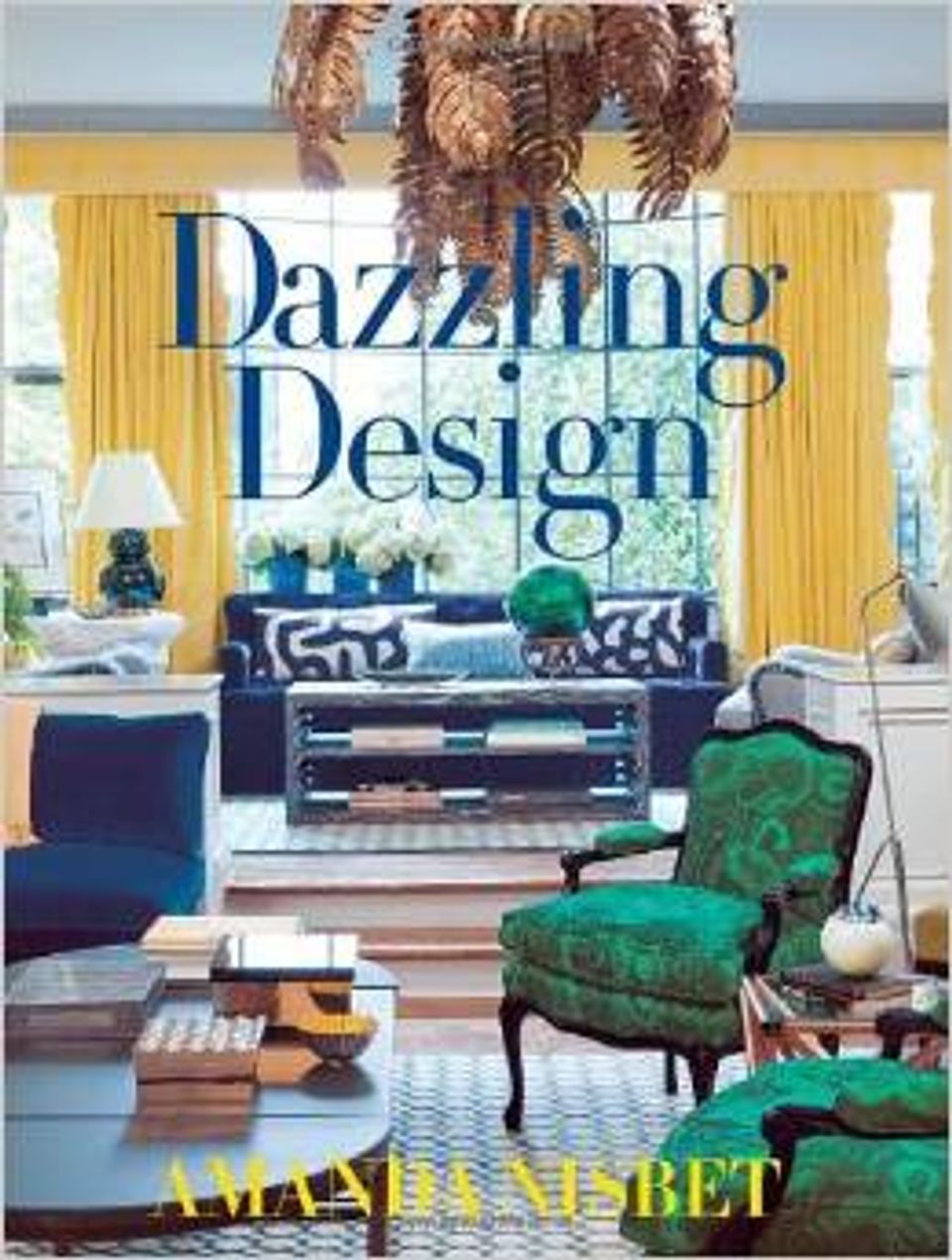 Vibrant living room book cover: navy sofa, emerald chair, golden curtains, and layered eclectic style