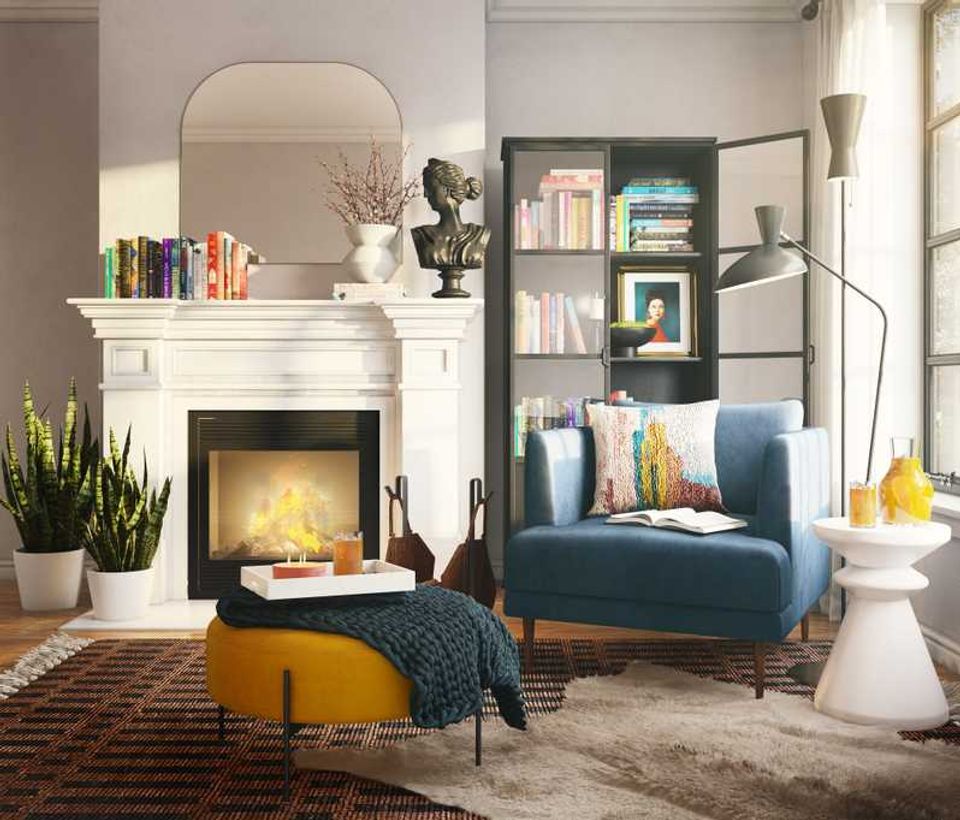 Contemporary reading space with teal chair, fireplace, mustard ottoman, and mid-century modern elements