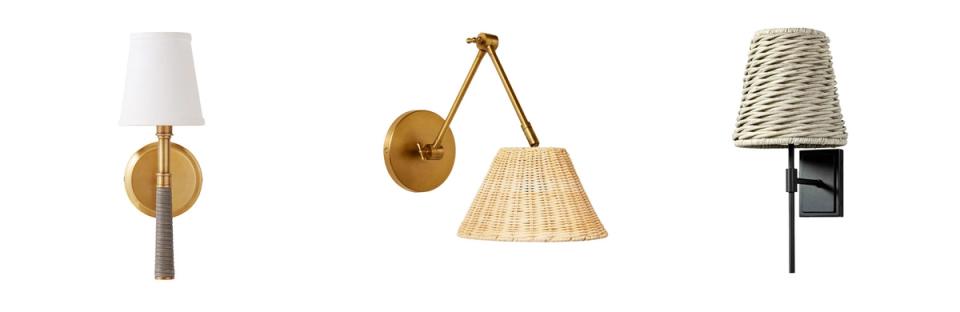Four boho-style pendant lights combining rattan, brass, and natural materials