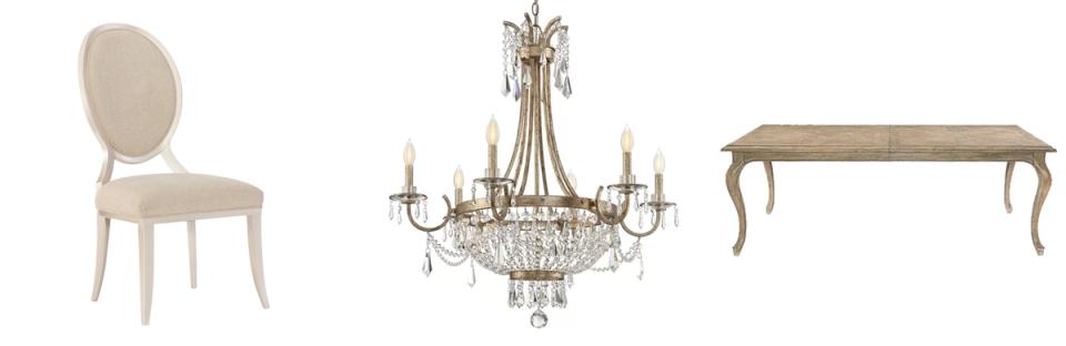Classic French furniture with ornate crystal chandelier and neutral upholstery