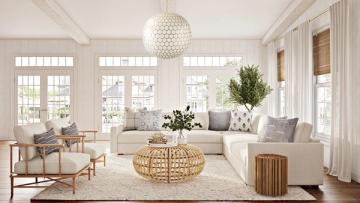 Scandinavian-inspired sunlit living room with minimalist natural wood furniture, soft neutrals, and organic woven pendant lighting