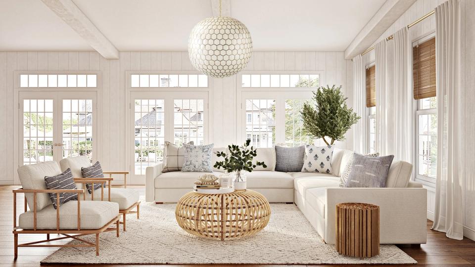 Scandinavian-inspired sunlit living room with minimalist natural wood furniture, soft neutrals, and organic woven pendant lighting