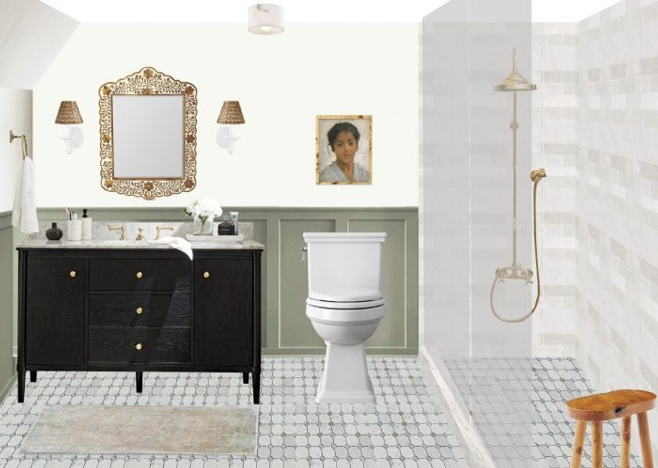 Vintage-inspired bathroom blending black cabinetry, geometric floor tiles, sage accents, and warm brass fixtures