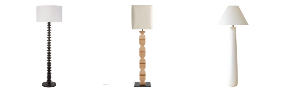 Three floor lamps: black modern, natural wood mid-century, and minimalist white ceramic designs