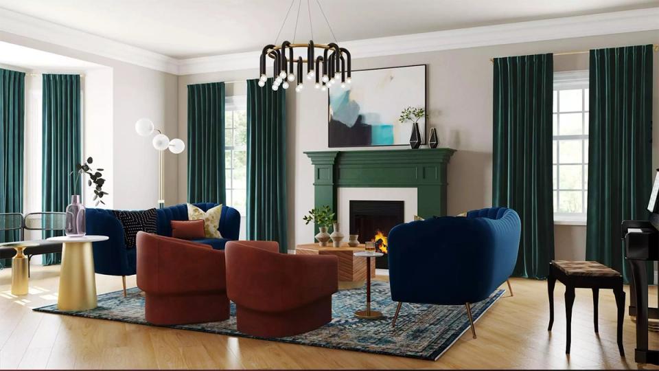 Formal living room with deep forest green curtains, jewel-tone seating, and classic fireplace focal point
