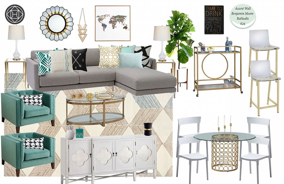 Contemporary design mood board featuring coastal palette: gray sectional, mint accents, natural wood, and geometric patterns