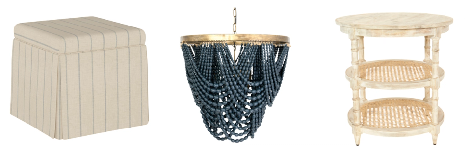Curated furniture pieces: striped ottoman, woven basket pendant, and wooden side table