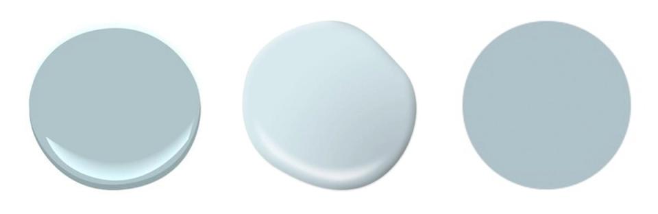 Soft blue-gray paint samples in calming, muted contemporary shades