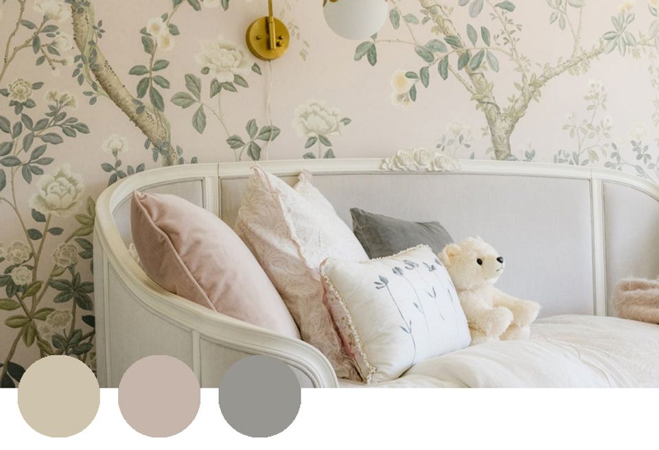Serene bedroom with botanical wallpaper, neutral bedding, and soft pastels creating a calming, vintage-inspired aesthetic