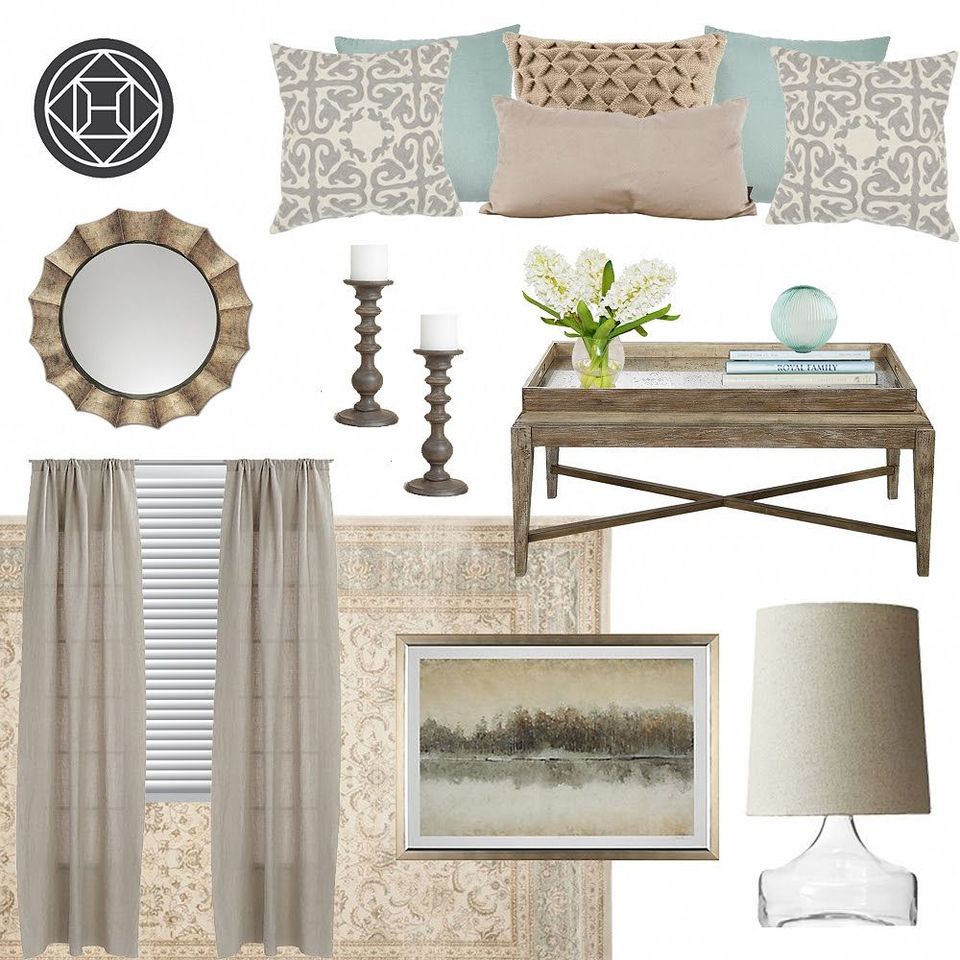 Spa-inspired office mood board with soft greens, warm taupes, natural textures, and calming transitional style