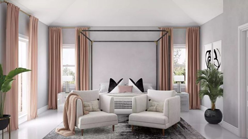 Luxe modern bedroom with canopy frame, blush curtains, layered textiles, and botanical accents