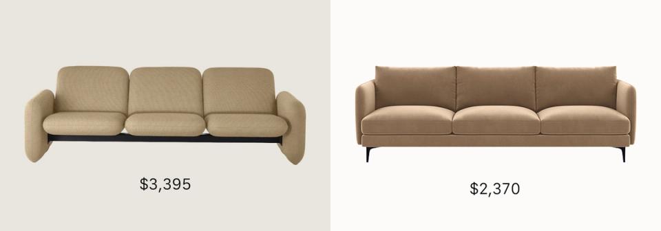 Warm tan contemporary sofas with curved arms and streamlined profiles at different price points