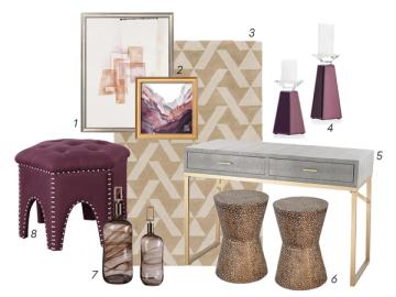 Entryway mood board featuring burgundy, brass, and natural wood tones with geometric pattern