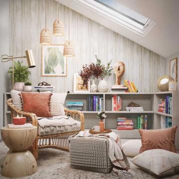 Coastal-inspired loft reading room with rattan chair, coral accents, and natural wood shelving