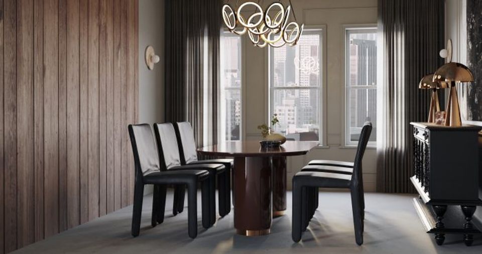Elegant dining room blending wood paneling, modern sculptural lighting, dark chairs, and refined neutral palette