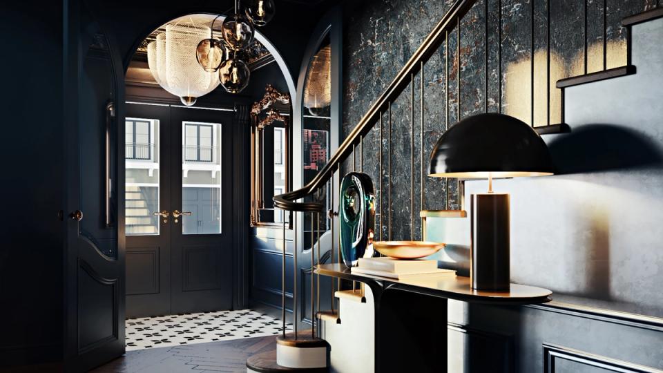 Moody hallway with deep teal doors, geometric tile flooring, and black pendant lighting blending vintage and contemporary style