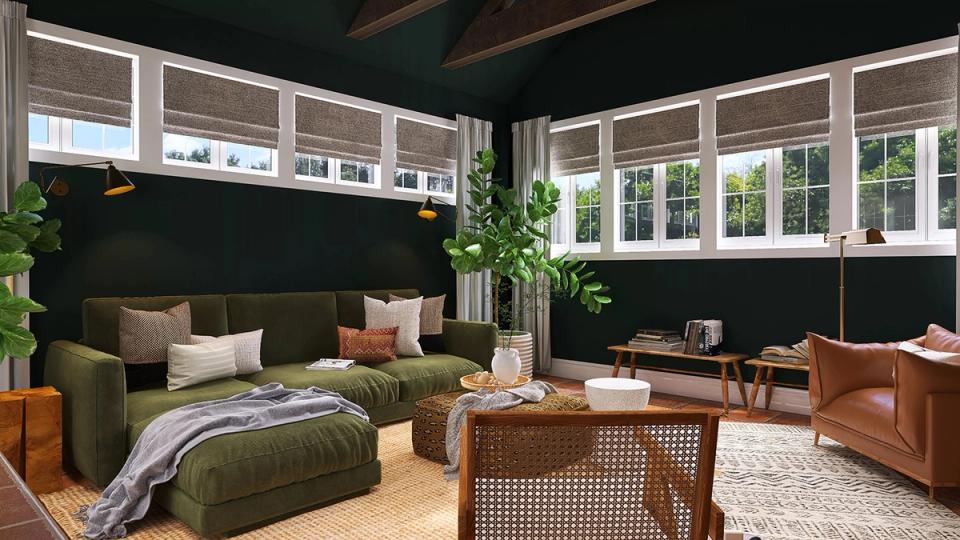 Luxe bedroom lounge hybrid with dark green walls, warm wood accents, and layered textures for moody retreat