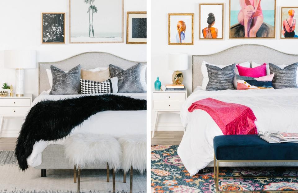 Modern bedroom split design: minimalist monochrome left side with black and white textiles; colorful right side with vibrant pink accents and patterned rug
