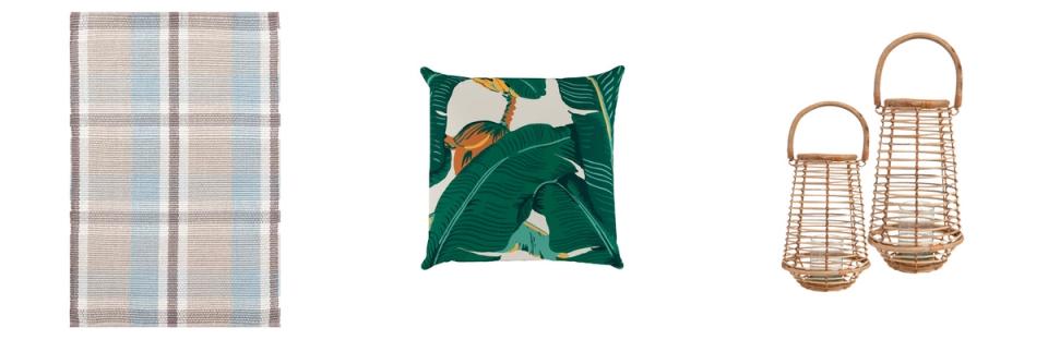 Outdoor styling collection: plaid rug, tropical pillow, and woven decorative baskets