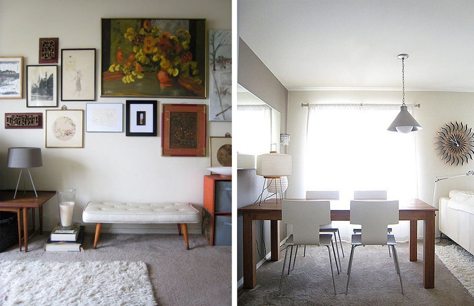 Eclectic living room with gallery wall, mid-century furniture, and soft neutral carpet