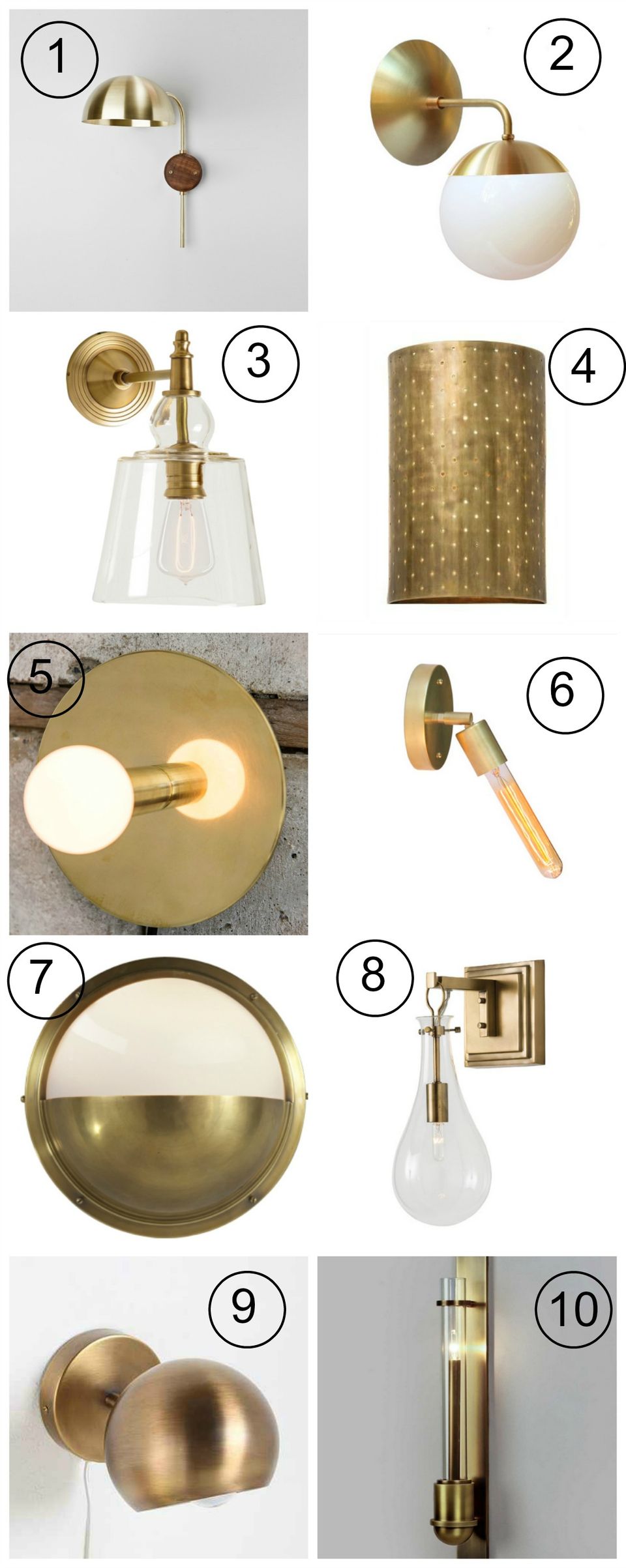 Six brass sconce designs showcasing globe, dome, and cylindrical shapes with warm metallic and frosted glass details