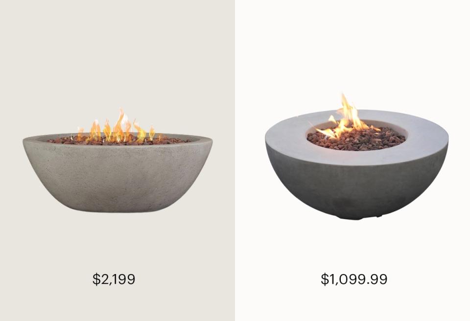 Modern concrete fire bowls in minimalist design, one with warm flames and one with gel fuel, neutral aesthetic