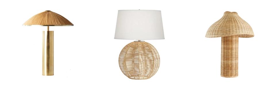 Collection of woven rattan and brass pendant lights in organic shapes