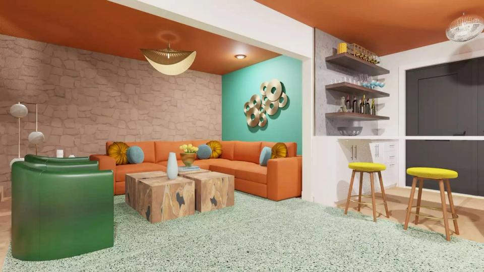 Playful mid-century modern rec room with burnt orange sofa, turquoise wall, and natural wood