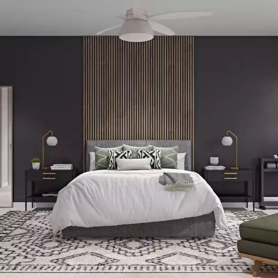 Moody charcoal bedroom with geometric wall paneling, white bedding, and patterned rug creating sophisticated contrast