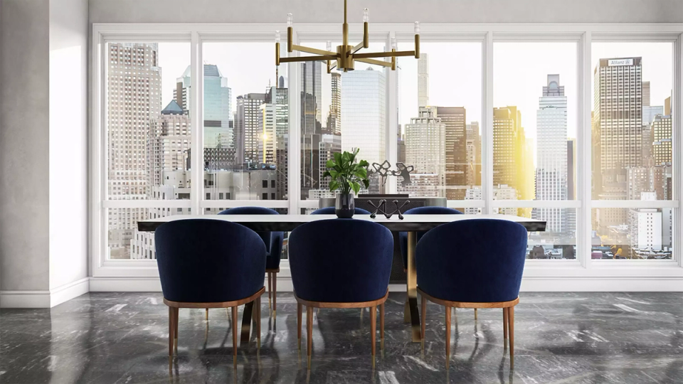 Sophisticated urban dining with navy velvet chairs, brass chandelier, and dramatic city skyline views