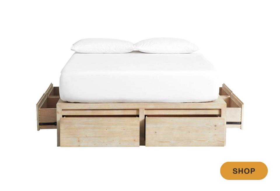 Rustic natural wood platform bed with integrated drawer storage underneath