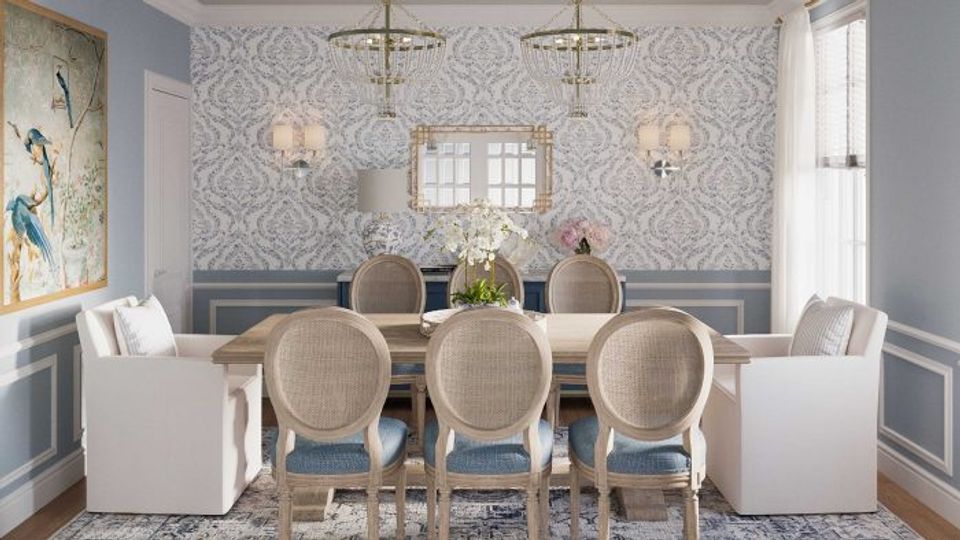 Formal dining room with geometric wallpaper, neutral chairs, and soft gray sophistication.