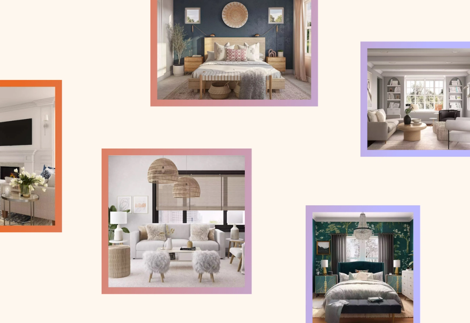 Curated design mood board featuring four distinct interior styles: modern bedroom with navy accent wall, minimalist living room, coastal-inspired master suite, and moody forest-themed bedroom.