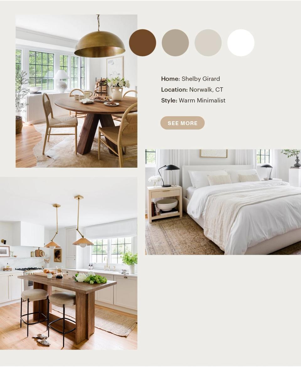 Warm minimalist scheme blending natural wood tones, soft taupe, and brass accents for an airy, sophisticated aesthetic with clean lines.