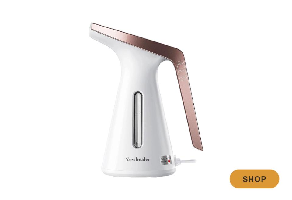 Contemporary white handheld garment steamer with rose gold trim