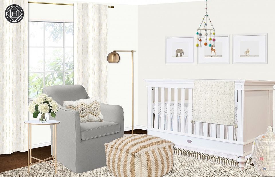 Bright airy nursery blending gray glider, white crib, striped pouf, and minimalist gallery wall styling.